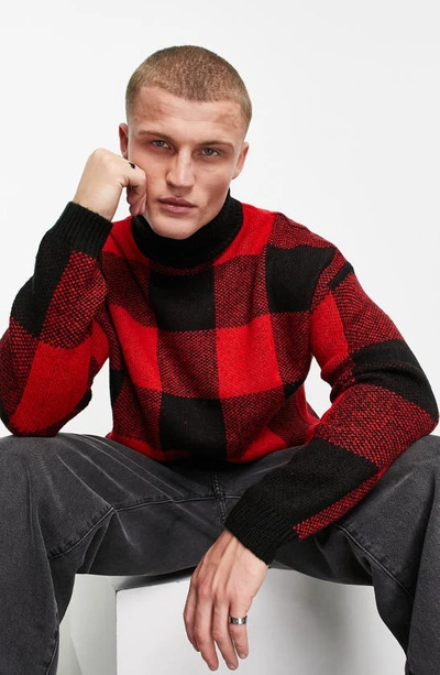 Asos Design Buffalo Check Turtleneck Sweater In Red ModeSens