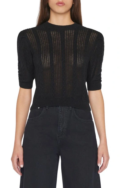 Frame Pointelle Cashmere Ruched-sleeve Sweater In Noir