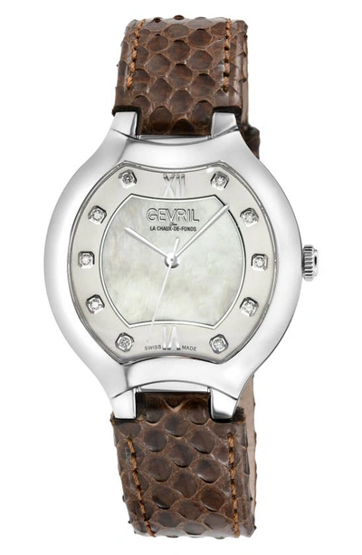 Gevril Lugano Diamond Snake Embossed Leather Strap Watch, 38mm In Brown