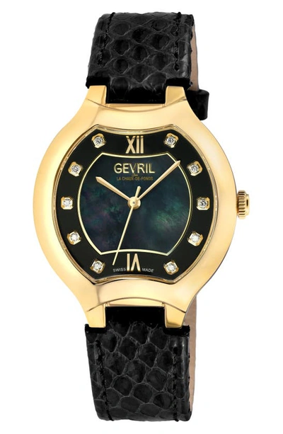 Gevril Lugano Diamond Croc Embossed Leather Strap Watch, 38mm In Black / Gold Tone / Mop / Mother Of Pearl / Yellow