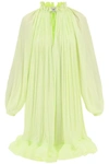 Lanvin Pleated Mini Dress W/ Ruffles In Green