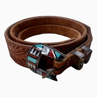 Marketplace 80s Tooled Leather Belt With Zuni Inlaid Buckle In Brown