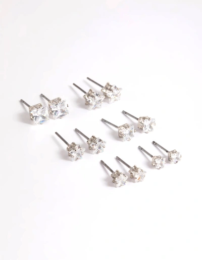 Lovisa Cubic Zirconia Star And Square Earrings 6-pack In Silver