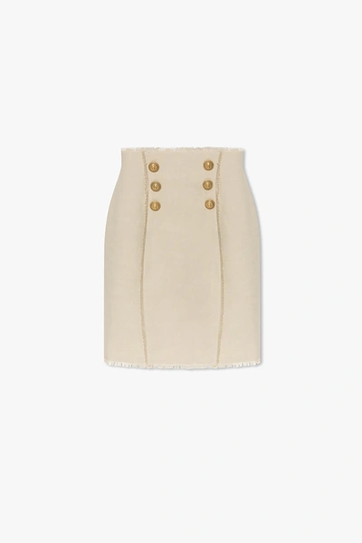 Balmain Linen Midi Skirt In Beige