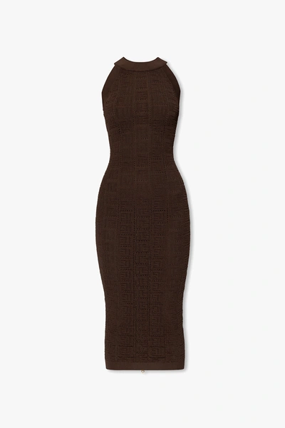 Balmain Monogram Pointelle Knit Sleeveless Maxi Dress In Brown