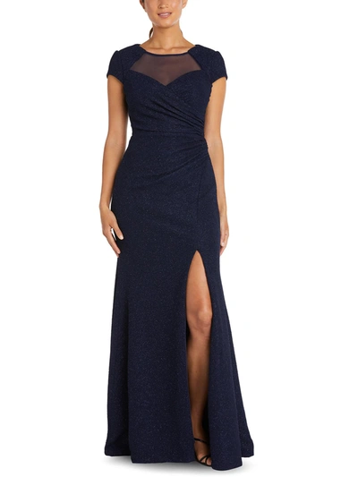 Nw Nightway Petites Womens Ruched Maxi Evening Dress In Blue