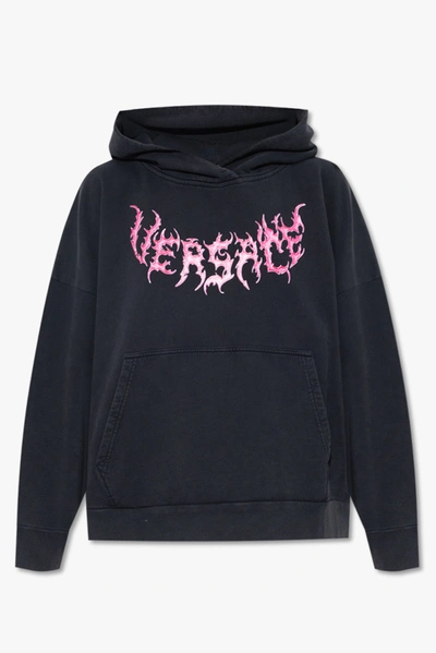 Versace Hooded Sweatshirt With Logo In Nero