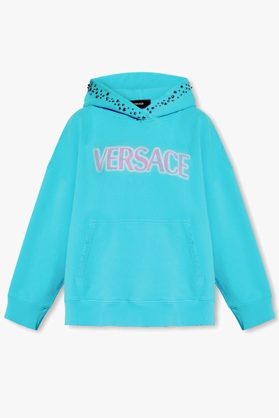 Versace Studded Distressed Logo Hoodie In New