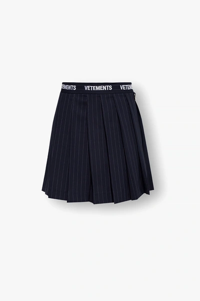 Vetements Logo Band Printed Pleated Mini Skirt In Blue