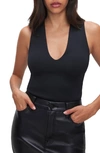 Good American Deep V-neck Scuba Knit Thong Bodysuit In Black001
