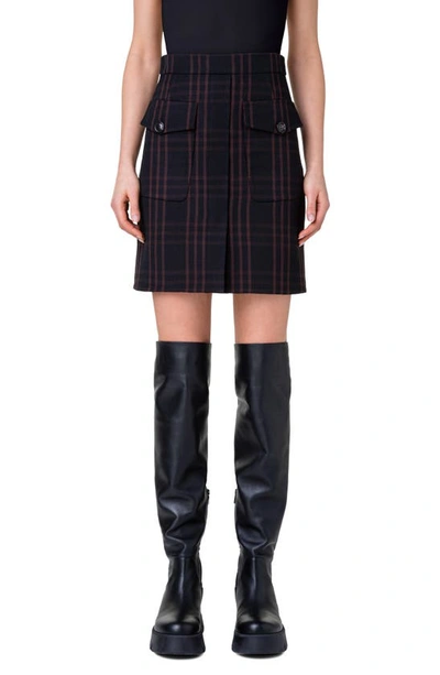 Akris Double-weave Two-tone Check Wool Skirt In 949 Black-mocca