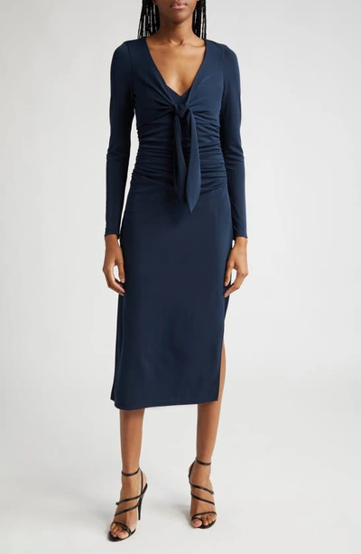 Cinq À Sept Brenna Knot-tie Gathered Crepe Midi Dress In Peacock Blue