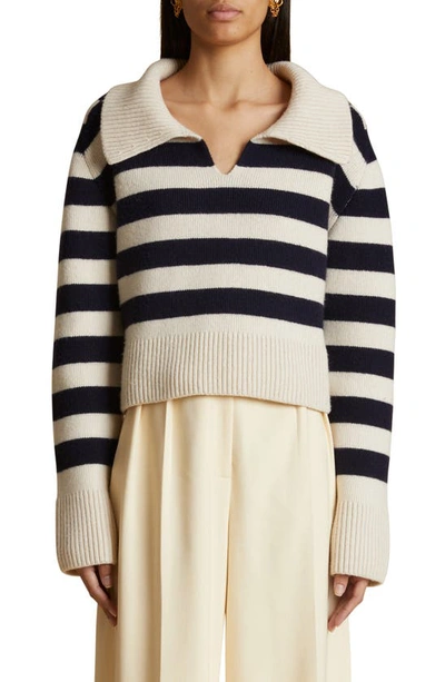 Khaite Franklin Stripe Collared Cashmere Sweater In White,blue
