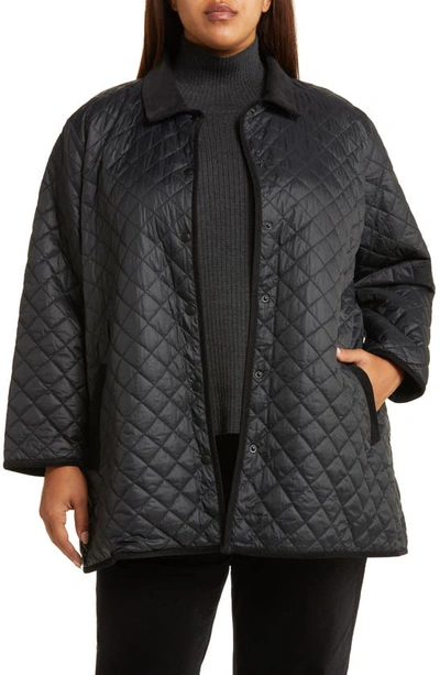 Eileen Fisher Missy Eggshell Recycled Nylon Long Quilted Jacket In Black