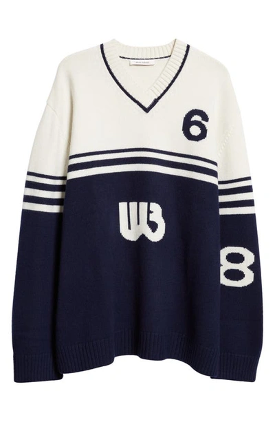 Wales Bonner Logo-intarsia Wool Sweater In Blue