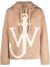 Jw Anderson Logo Wool Knit Zip-up Hoodie In Beige