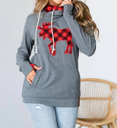 Ampersand Ave Reindeer Crossing Doublehood Sweatshirt In Grey Multi In Blue