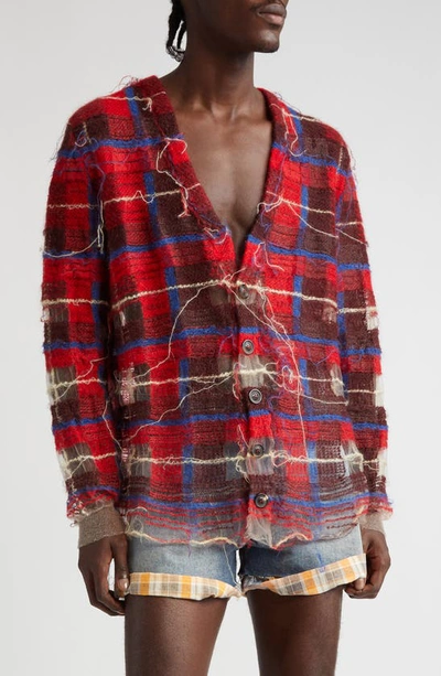 Maison Margiela Distressed Plaid-check Print Cardigan In Red