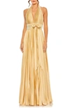 Mac Duggal Center Bow Pleated Halter Neck Gown In Gold