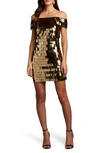 Sho By Tadashi Shoji Sequin Fringe Off The Shoulder Dress In Golden