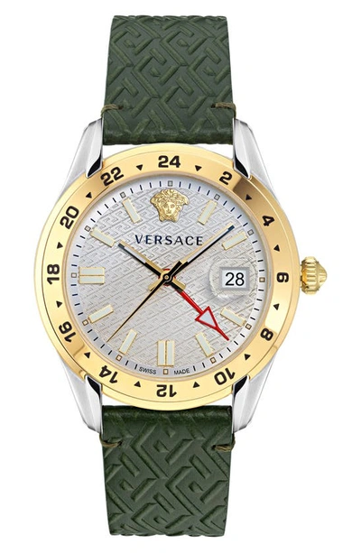 Versace Men's 41mm Greca Time Gmt Two-tone Case & Leather Strap Watch In Two Tone