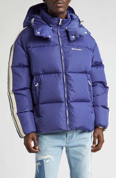 Palm Angels Logo-print Hooded Track Down Jacket In Blue