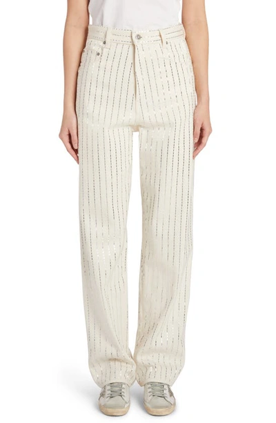 GOLDEN GOOSE KIM STUDDED STRIPE COTTON DENIM STRAIGHT LEG JEANS