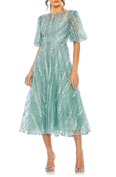 Mac Duggal Embellished A-line Midi Dress With High Neck And Flutter Sleeves In Green