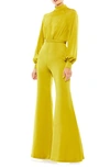 Mac Duggal Satin Raglan Long Sleeve High Neck Jumpsuit In Chartreuse