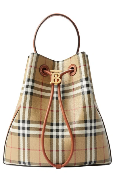 Burberry Small Check Drawstring Bucket Bag In Vintage Check/ Briar Brown