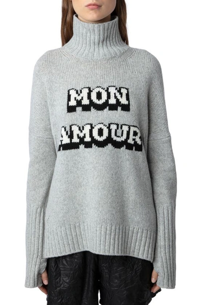 Zadig & Voltaire Alma Mon Amour Wool Graphic Turtleneck Sweater In Gris Chine
