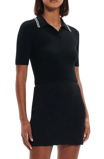 Theory Regal Wool Ribbed Polo Shirt With Tipping In Black/ivory