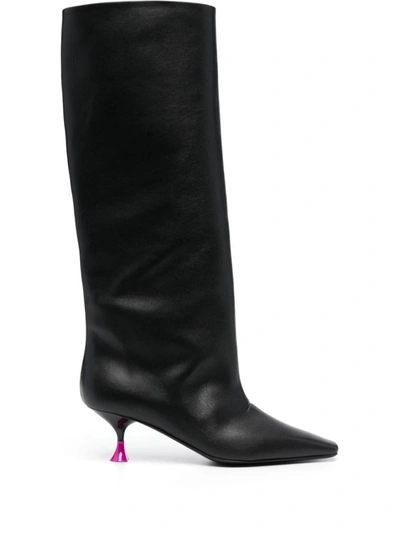 3juin Agata 095 High Heels Ankle Boots In Black Leather In Black,fuchsia