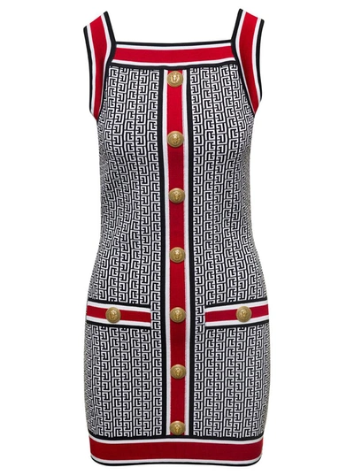 BALMAIN MINI MULTICOLOR KNIT DRESS WITH ALL-OVER MONOGRAM IN VISCOSE BLEND WOMAN