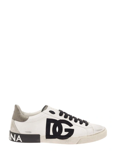 Dolce & Gabbana 'portofino' White Low Top Sneakers With Logo Patch And Used Effect In Leather Man