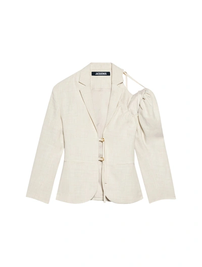 Jacquemus Linen Blazer Jacket With Off-shoulder Puff Sleeve In White