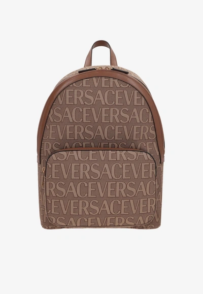 Versace All-over Logo Backpack In Beige