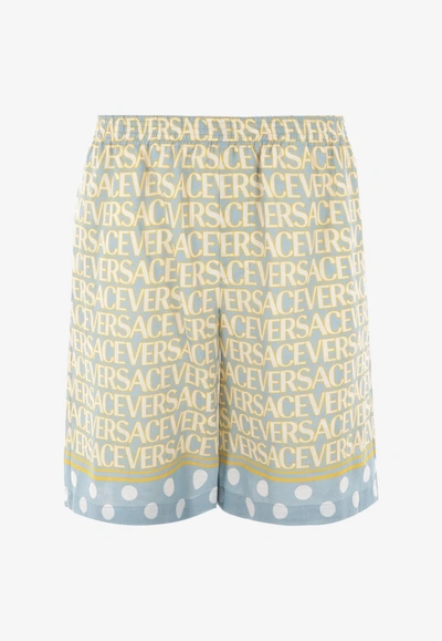 Versace All-over Logo Shorts In Linen In Multicolor