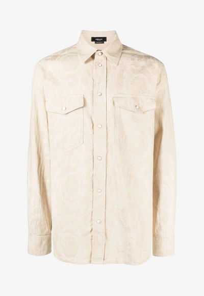 Versace Barocco Silhouette-jacquard Chambray Shirt In Beige