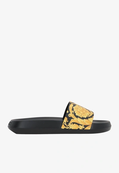 Versace Baroque Print Rubber Slide Sandals In Black