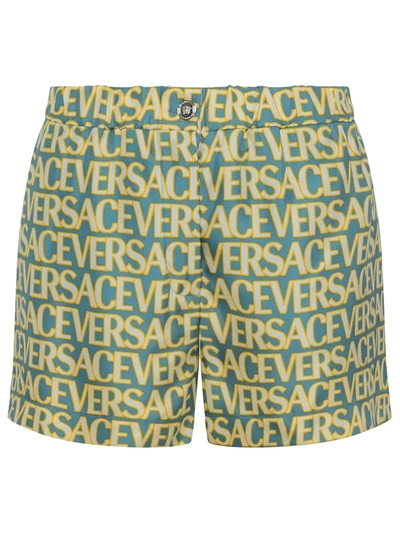 Versace Woman Water Print Silk Shorts In Green