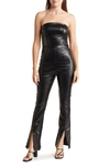 BEBE STRAPLESS FAUX LEATHER JUMPSUIT