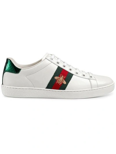 Gucci Ace Watersnake-trimmed Embroidered Leather Sneakers In White