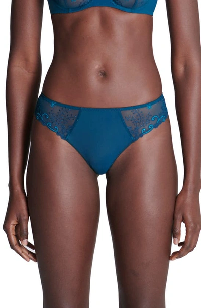 Simone Perele 'delice' Embroidered Thong In Prestige Blue