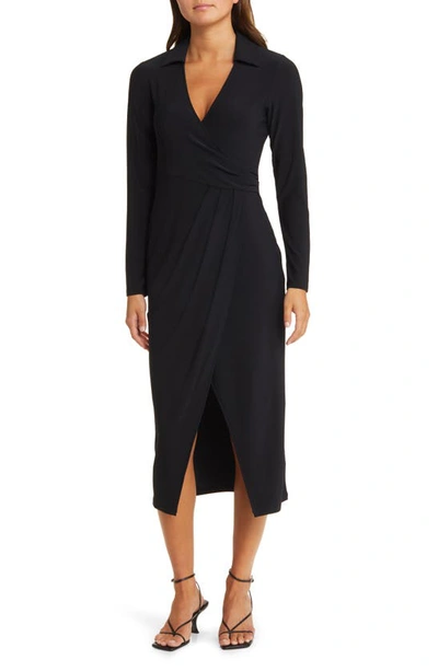 Open Edit Long Sleeve Faux Wrap Jersey Dress In Black