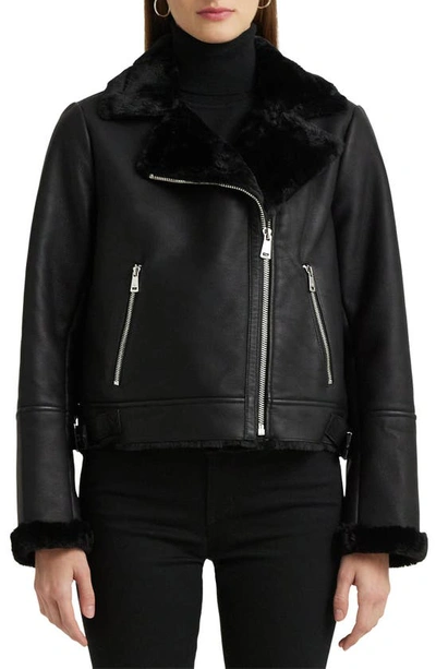 Lauren Ralph Lauren Nappa Faux Leather Moto Jacket With Faux Shearling Lining In Black
