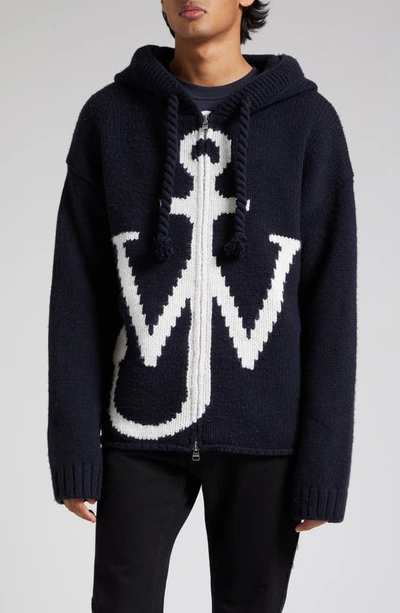 JW ANDERSON ANCHOR FRONT ZIP KNIT WOOL HOODIE
