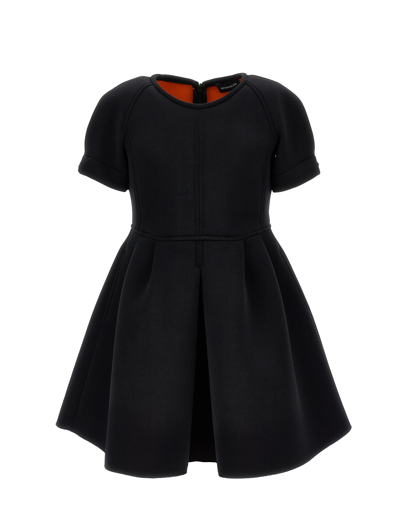 Monnalisa Neoprene Dress With Pleats In Black + Orange