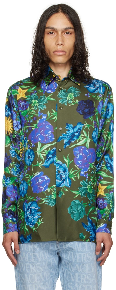 Versace Floral Silk Shirt In Khaki,multicolor