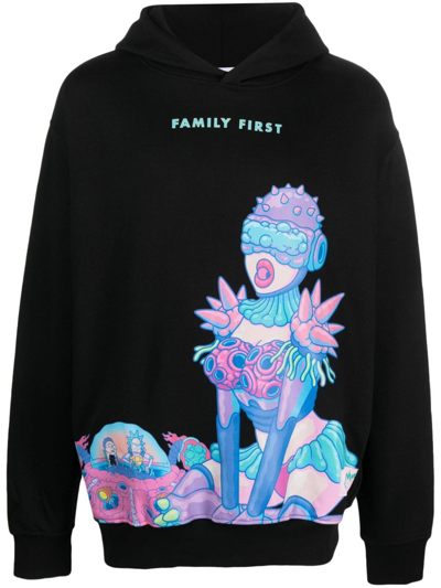 Family First X Rick And Morty Logo-print Hoodie In Black